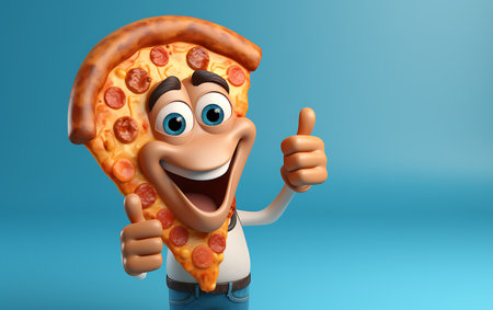 Cartoon character of pizza with thumbs up gesture on blue background. 3d illustrationの素材
