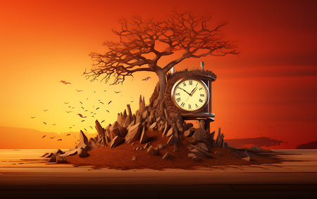 Vintage clock and tree in the desert. 3D rendering.の素材
