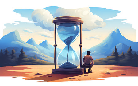 Vector illustration of a man looking at an hourglass in the desertの素材