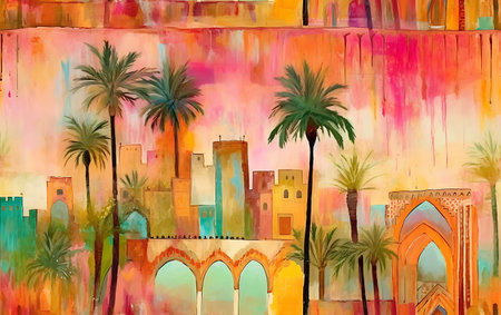 Colorful watercolor painting on the wall of Jaisalmer Fort, Rajasthan, Indiaの素材