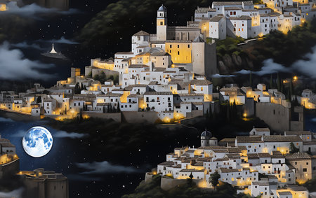 Fantasy landscape of an old town in the middle of the nightの素材