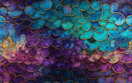 3D illustration of abstract background with golden ornamental pattern on blue and purpleの素材