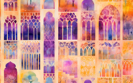 Colorful watercolor background with arabic ornaments.の素材
