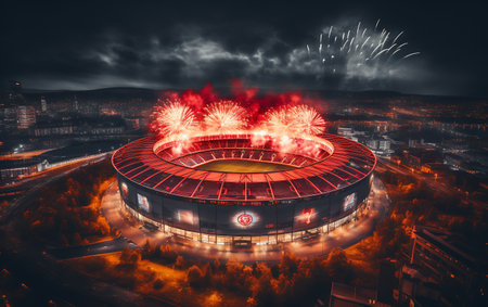 Panoramic view of the stadium at night in Lviv, Ukraineの素材