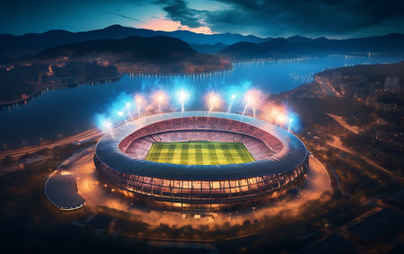 3D render of a football stadium with lights in the evening.の素材