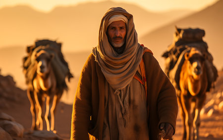 Bedouin man with camels in Wadi Rum desert, Egyptの素材