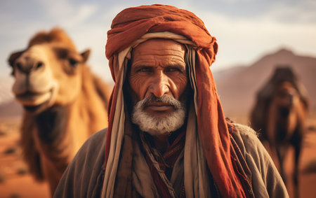 Portrait of an old bearded man with camels in the desertの素材