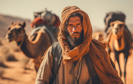 Handsome bearded arabian man with camel in the desertの素材