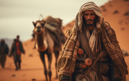 Bedouin man with camels in the Sahara desert, Moroccoの素材