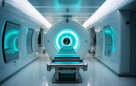 3D rendering. Futuristic interior of a hospital corridor with CT scannerの素材