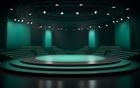 Green stage with round podium in dark room. Mock-up, 3D Renderingの素材
