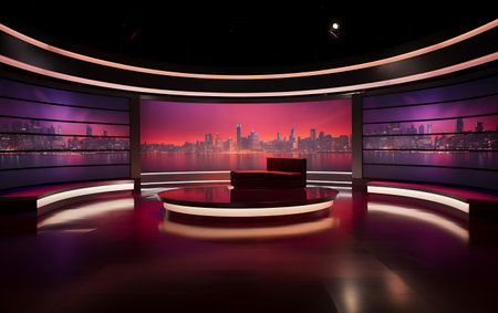 3d rendering of Empty TV studio set nobody tv or Cable new network live studio key screen.の素材