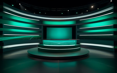 3d rendering of Empty TV studio set nobody tv or Cable new network live studio key screen.の素材