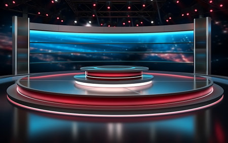 3d rendering of Empty TV studio set nobody tv or Cable new network live studio key screen.の素材