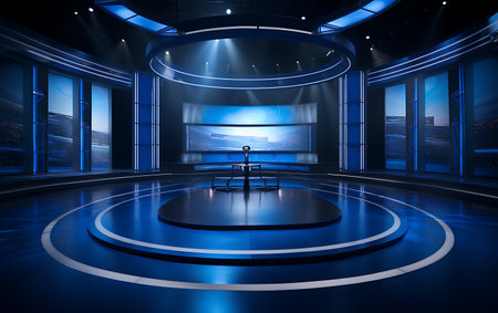 3d rendering of Empty TV studio set nobody tv or Cable new network live studio key screen.の素材
