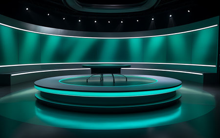 3d rendering of Empty TV studio set nobody tv or Cable new network live studio key screen.の素材