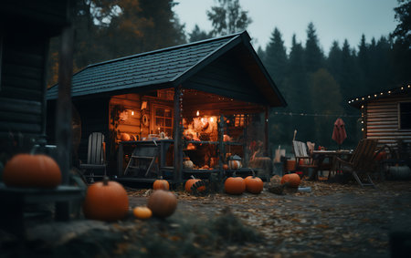 Halloween night in the forest with pumpkins. Halloween concept.の素材