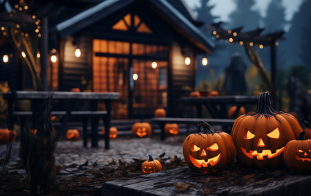 Halloween pumpkins in front of a wooden house. 3d renderingの素材