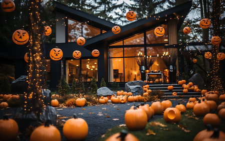 Halloween decoration with pumpkins in front of gazeboの素材