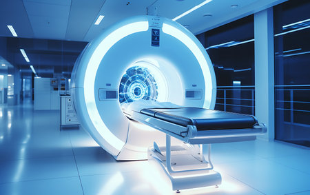 CT scanner in modern hospital interior. 3d rendering toned imageの素材