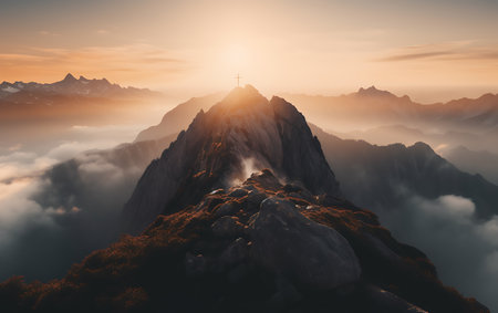 Mountain peak in the clouds at sunset. 3d rendering.の素材
