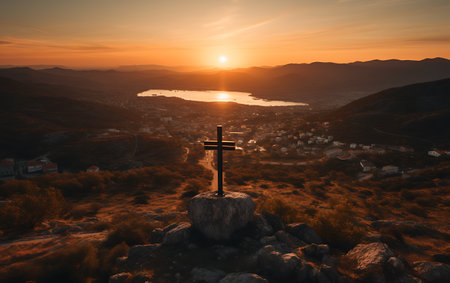 Cross on the top of the mountain at sunset. 3d renderingの素材