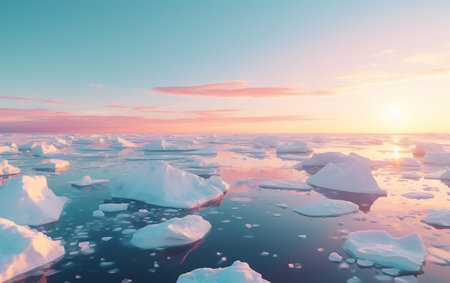 Icebergs floating in the ocean at sunset. Global warming conceptの素材