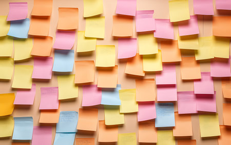 Colorful sticky notes on white wall. Sticky notes background.の素材