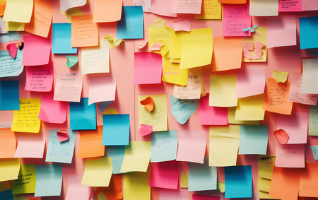 Sticky notes on the wall for use as a background or textureの素材