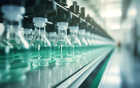 Laboratory glassware on a conveyor belt. 3d renderingの素材