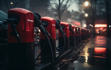 Electric car charging station in the foggy night. Selective focus.の素材