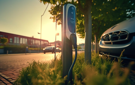 Electric car charging station in the city at sunset. Electric vehicle charging station.の素材