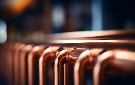 Close-up of copper pipes in a brewery. Shallow depth of field.の素材