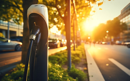 Electric car charging station in the city at sunset. Selective focus.の素材