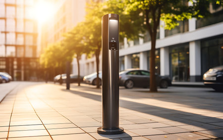 Electric car charging station in the city. Close-up of electric car charging station.の素材