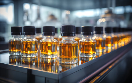Glass bottles with oil on conveyor belt in chemical laboratory, closeupの素材