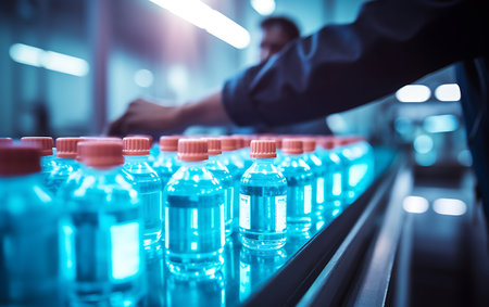 Closeup of a conveyor belt with bottles of water in factoryの素材