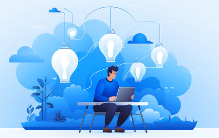 Businessman working on laptop in the park. Flat design vector illustration.の素材