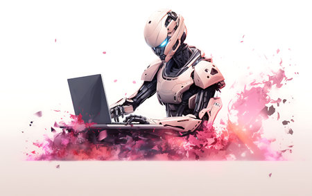 Cyborg with laptop computer. 3d illustration. White background.の素材