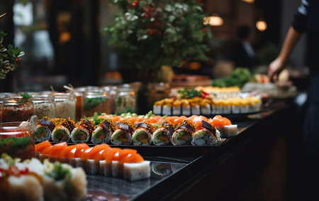 Close-up of sushi and rolls on the table in a restaurantの素材