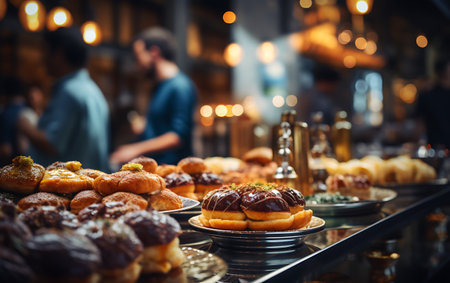 Close-up view of a selection of delicious pastries in a cafeの素材