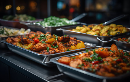 catering buffet food indoor in luxury restaurant with meat and vegetablesの素材