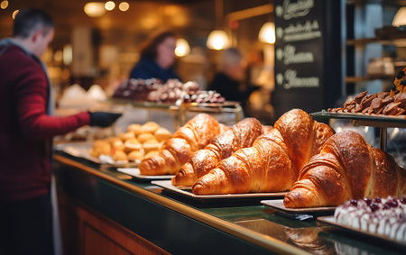 Freshly baked croissants on a counter in a bakery.の素材