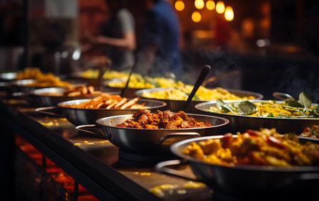Close-up of a group of hot dishes in a restaurant.の素材