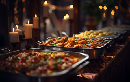 catering buffet for events with meat and vegetables in the restaurantの素材
