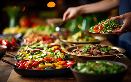 Close up of female hands preparing salad with fresh vegetables and meat.の素材