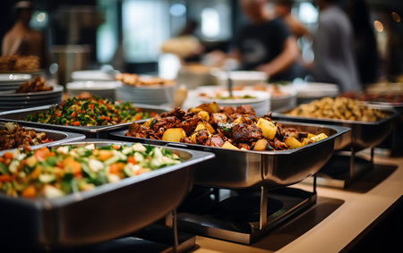 catering wedding buffet food indoor in luxury restaurant with meat and vegetablesの素材