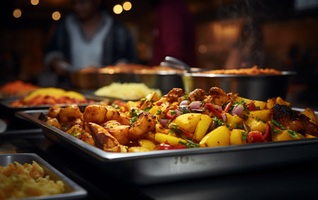 catering buffet food indoor in luxury restaurant with meat and vegetablesの素材