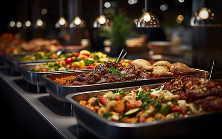 catering buffet for events and parties with meat, vegetables and saladsの素材