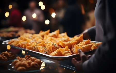 Close-up of a woman's hands holding a tray full of appetizers in a restaurantの素材